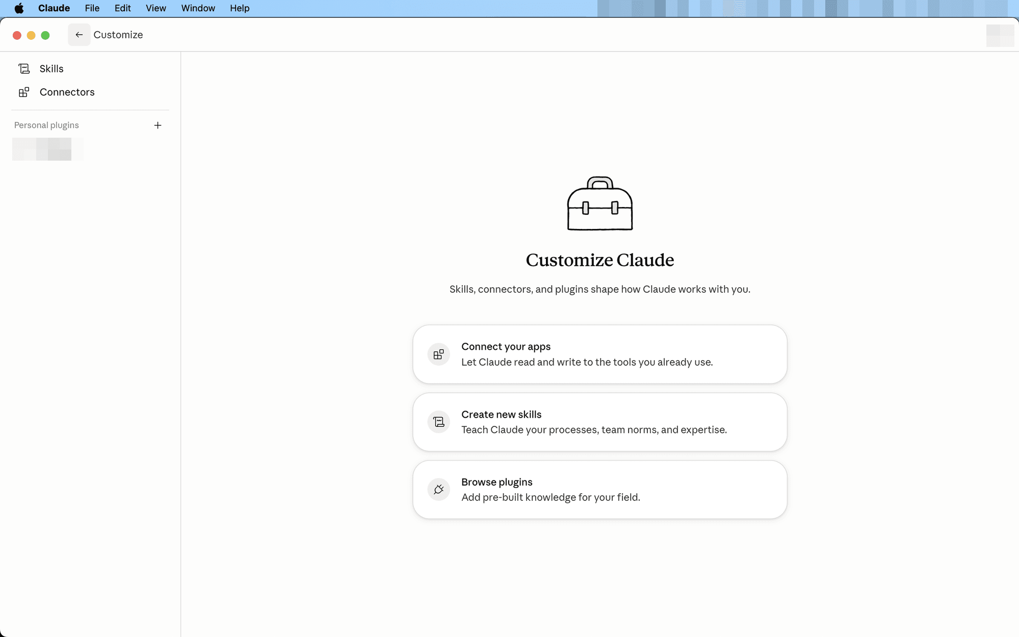 The Customize view in the Claude desktop app