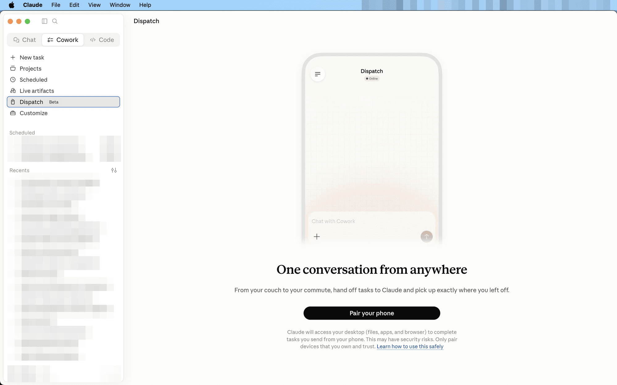 The Dispatch view in the Claude desktop app