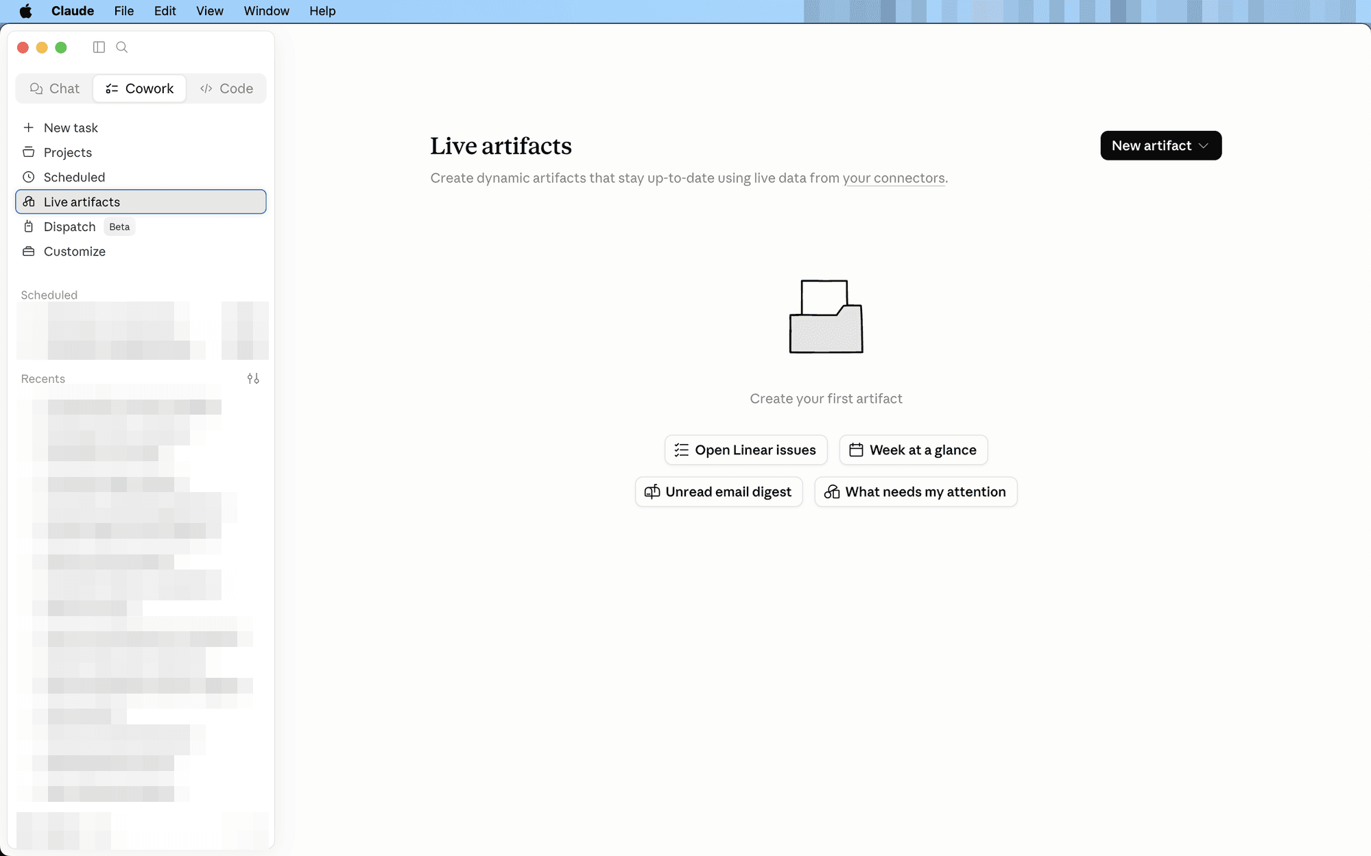 The Live artifacts view in the Claude desktop app